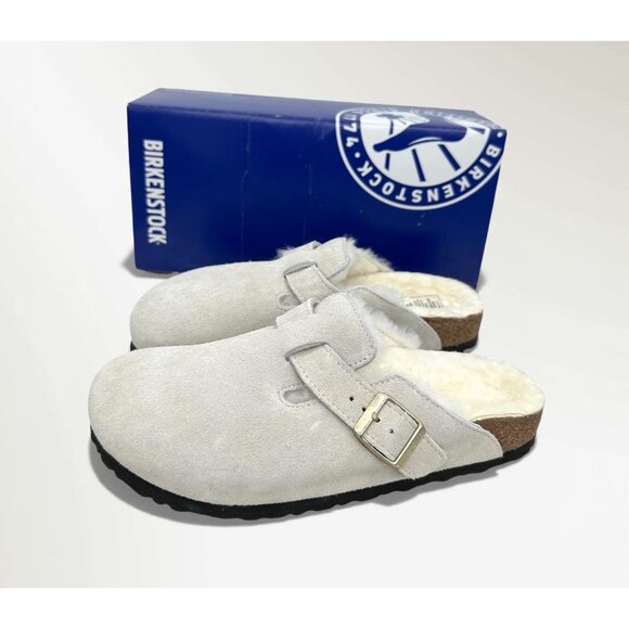 Birkenstock Boston Shearling Suede Clogs Antique White EU 38 Fur Lined - Picture 4 of 16